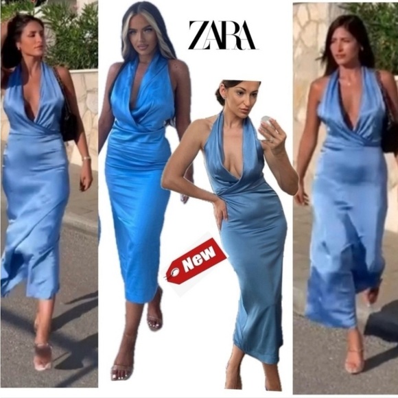 Zara satin effect halter dress backless open low back  formal light sky blue M - Picture 9 of 14